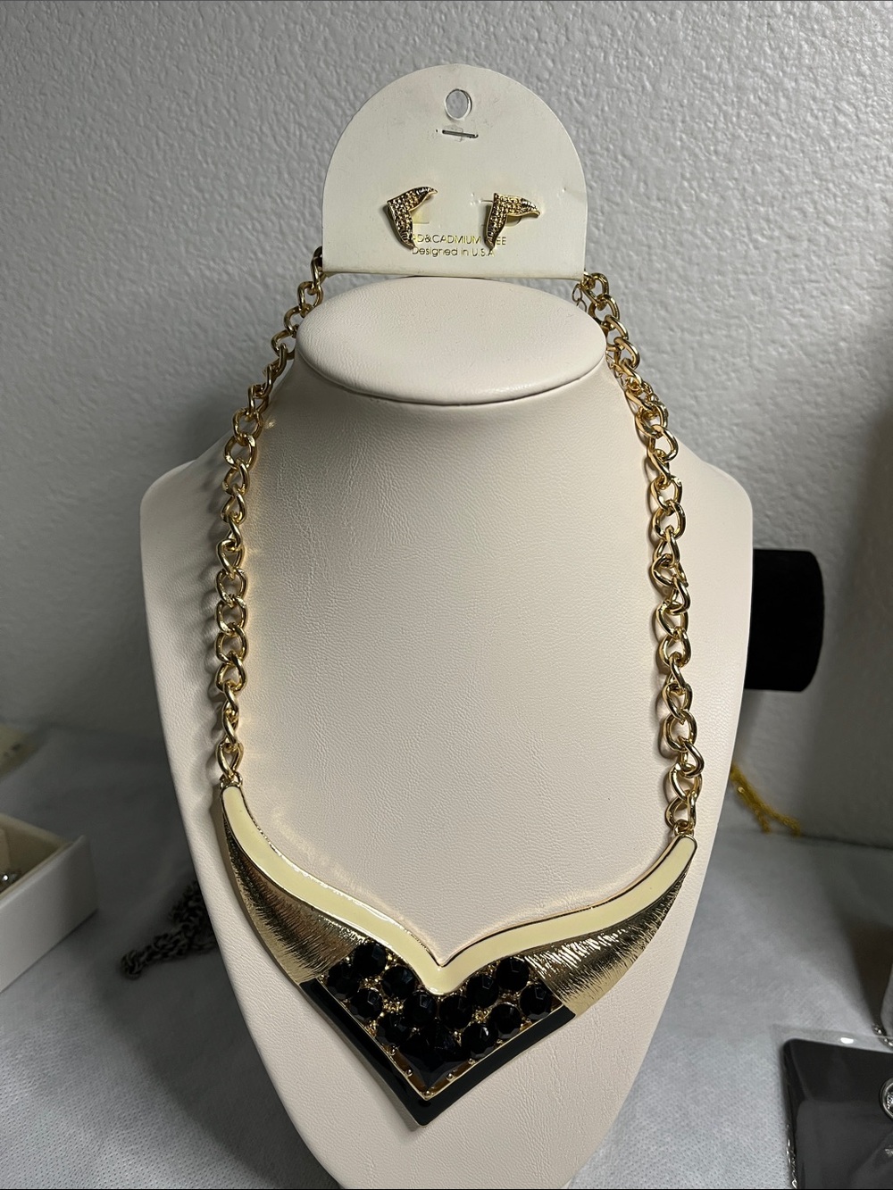 Gold and Black V-Front Statement Necklace by